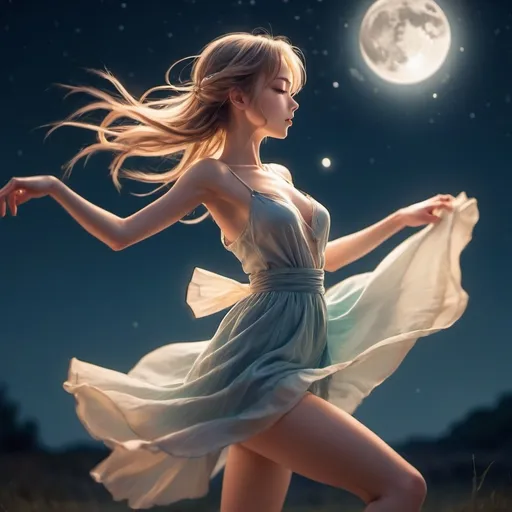 Prompt: anime illustration, beautyful girl, Dancing in the moonlight., Cinematic, DSLR, Telephoto, Side-View, Blur Effect, by Amanda Sage