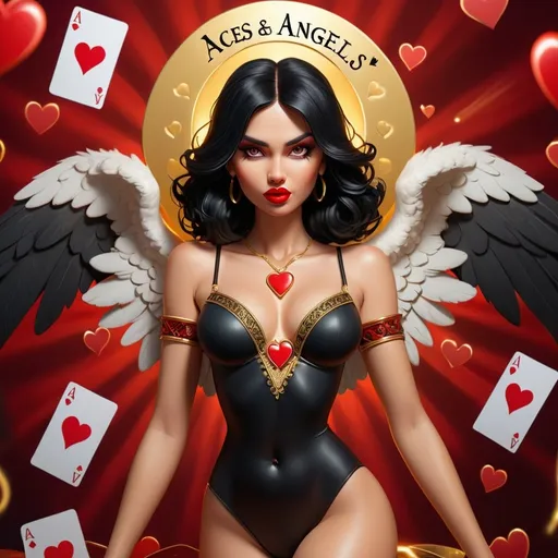Prompt: Ace of hearts playing card with a beautiful female angel, golden halo, black hair and red lipstick, a stylized black swimsuit, playing card gothic font text reads "ACES & ANGELS".
