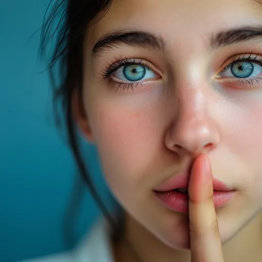 Prompt: a young woman is holding her finger to her lips, 1girl, looking at viewer, blue eyes, black hair, solo focus, blurry, lips, eyelashes, blurry background, close-up, realistic