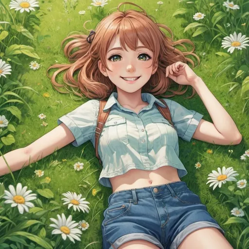 Prompt: High detailed anime art, Cute girl lying on her back in the grass. She wears a summery outfit and smiles, shot from a bird's eye view.