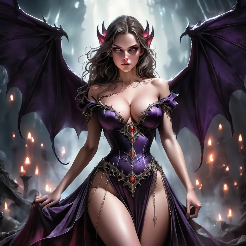 Prompt: Fantasy book cover, beautiful young demon princess, deep cleavage, narrow waist, strong thighs, detailed dress, dark colors, dramatic lighting, full body shot, highres, detailed, fantasy, demon princess, elaborate dress, dark tones, intense gaze, professional lighting, atmospheric, powerful