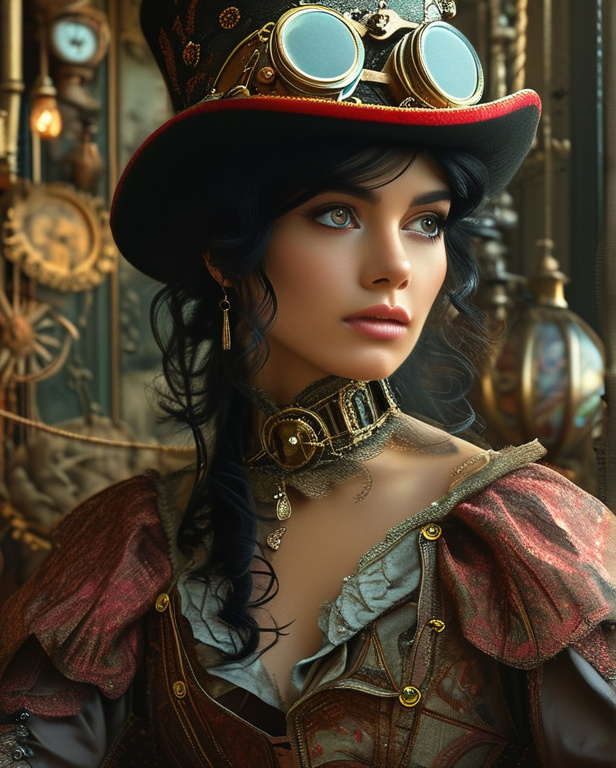 Prompt: steampunk lady (full body shot), (circus performer) with (black hair) and dark eyes, intense gaze, wearing an simple hat, elaborate circus outfit, sitting gracefully in a whimsical setting, rich details and textures, captivating dramatic lighting, vintage tones, surrounded by steampunk machinery, whimsical circus elements, to create a striking and immersive scene, ultra-detailed, 4K.