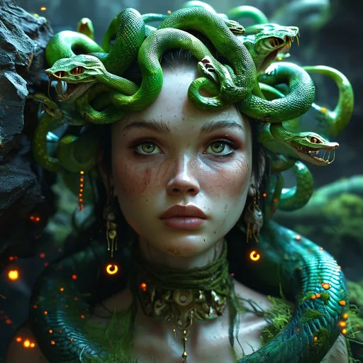 Prompt: (1 girl), Medusa, surrounded by (dark cavern) shadows, ominous rock formations, eerie glow from bioluminescent fungi, expressing a mix of majesty and danger, vividly detailed serpents entwined in hair, vibrant green and deep blue colors, (atmosphere of mystery and intrigue), high-quality 4K, ultra-detailed.