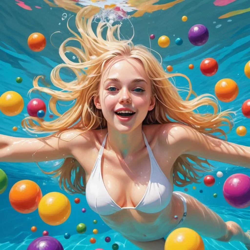 Prompt: A whimsical and colorful digital artwork of a girl swimming in a backyard pool filled entirely with colorful balls. Blond long hair, the girl, wearing a white swimsuit, deep cleavage, her body gracefully slicing through the sea of balls. 
Her expression is one of pure joy and delight, slightly open mouth. Full body shot from a bird's eye view.
