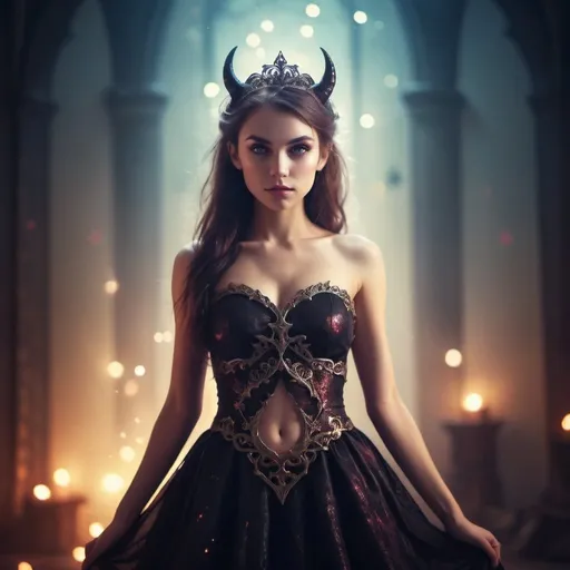 Prompt: Fantasy book cover, beautyful young demon princess in a cut-out dress, blurry lights, flickering.