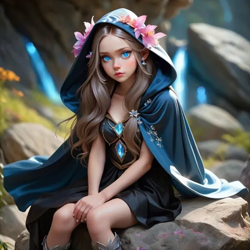 Prompt: Beautyful young women in fantasy outfit, sitting on a rock, blue eyes, closed mouth, long hair, crystal and flower hair accessory, black hooded cape, looking at viewer, fantasy setting, solo, detailed eyes, highres, fantasy, magical, ethereal, mystical lighting, vibrant colors