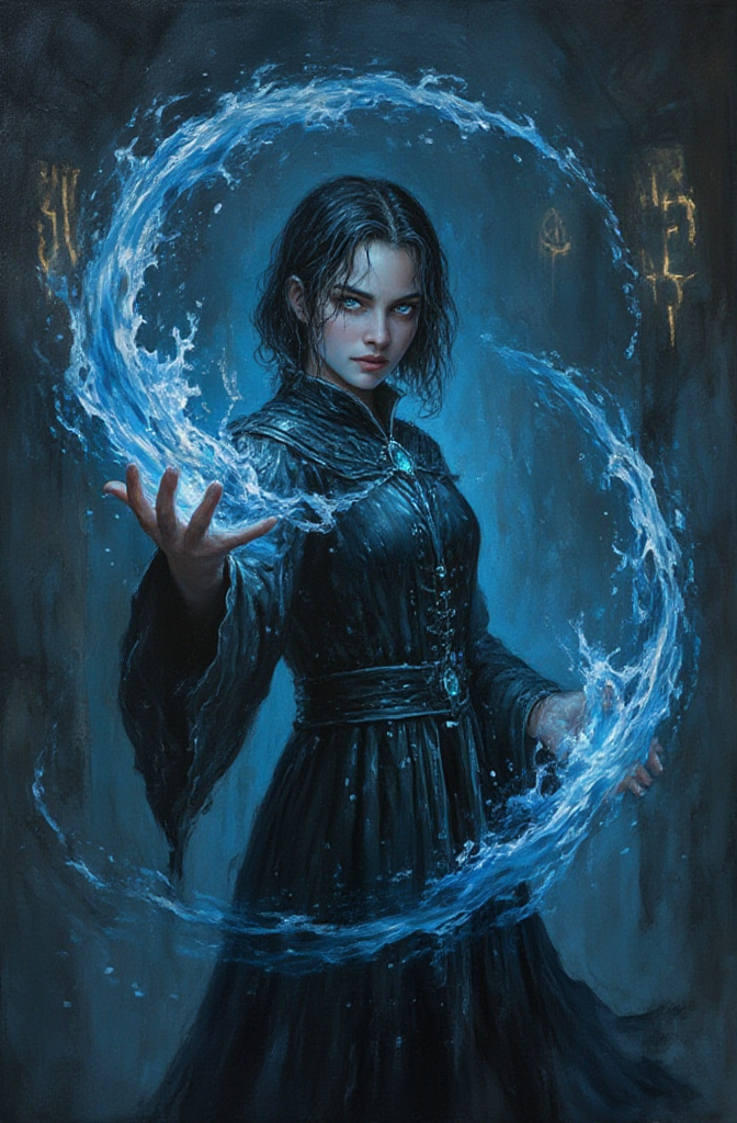 Prompt: Full-body brushed oil painting of a powerful young sorceress, her dark, shoulder-length hair shimmering through faint drops of water. She stands in the center of a dark, mystical chamber. Her piercing, bright blue eyes radiate intensity and determination as she conjures up a swirling vortex of water magic. The liquid spirals around her, illuminated by a soft, ethereal light with intricate details like splashes and droplets floating in the air. Her left arm is outstretched towards the viewer and highly detailed, the emanating water magic focused in her fingertips.  Her dark, medieval-looking robe is adorned with elaborate embroidery and clasped at the collar by a glowing aquamarine gemstone. The background is a shadowy void with faint textures of old, cracked walls and glowing runes etched faintly into the darkness. The lighting is dramatic, casting soft highlights and deep shadows, while the color palette is dominated by deep blues, blacks and silvers. The atmosphere is powerful and exudes mysticism and energy. Shot in a cinematic close-up, the scene is vivid and hyper-realistic, focusing on fine details such as reflections in the water and the intricate textures of her garment.