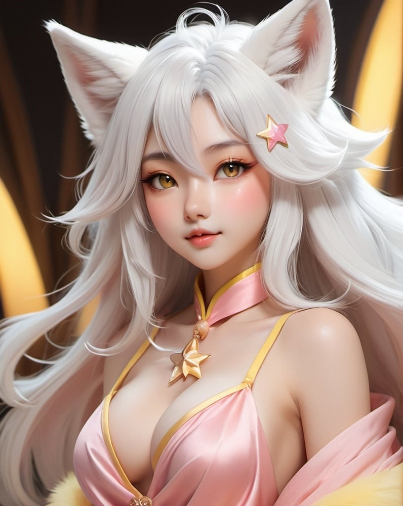 Prompt: Anthropomorphic young anthro-kitsune fox, pastel pink and yellow fur, long flowing white hair, silver-gray eyes with star-shaped pupils, mouth slidely open, taditional cloth with deep cleavage, best quality, masterpiece, upper body shot, digital painting, detailed fur, cute, pastel color palette, dreamy lighting