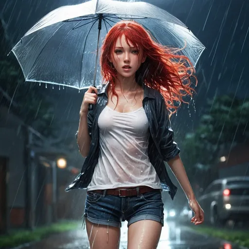 Prompt: Anime illustration of a girl in a short summer outfit, red long hair flying wildly in heavy rain, holding an umbrella, thunderstorm, wet, Translucent top, intense and dramatic lighting, highres, ultra-detailed, anime, intense rain, red hair, thunderstorm, dramatic lighting, wet, short outfit, umbrella, full body shot.