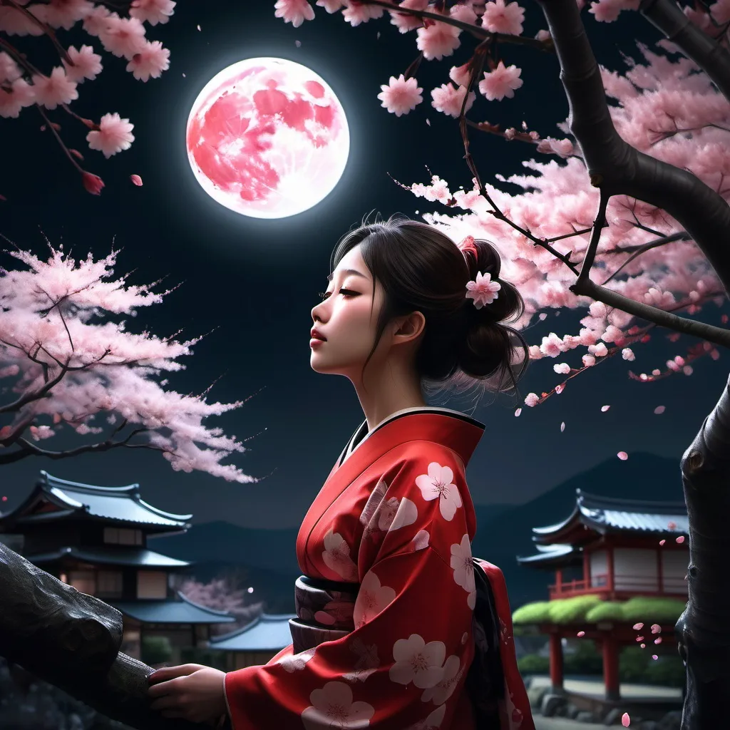 Prompt: A quiet night in the Japanese countryside, (young woman looking up) to a bright full moon, (moonlight illuminating) the figure and surrounding cherry blossom trees in full bloom, (petals gently falling) creating a serene atmosphere, (red and black aesthetics), ultra-detailed, cinematic lighting, enchanting atmosphere, softly glowing moonlit sky, delicate petals dancing in the breeze, peaceful and reflective mood.