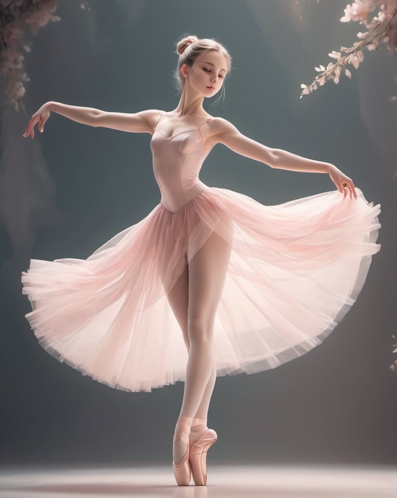 Prompt: Anime illustration of a beautiful young ballerina, haggard, graceful poses, delicate and feminine, detailed facial features, slender waist, flowing ballerina outfit, Ballerina shoes, stands on tiptoe, dreamy and ethereal, pastel tones, soft lighting, high quality, ultra-detailed, anime, graceful, ballerina, delicate, feminine, detailed facial features, slender waist, flowing outfit, dreamy, ethereal, pastel tones, soft lighting, full body shot.