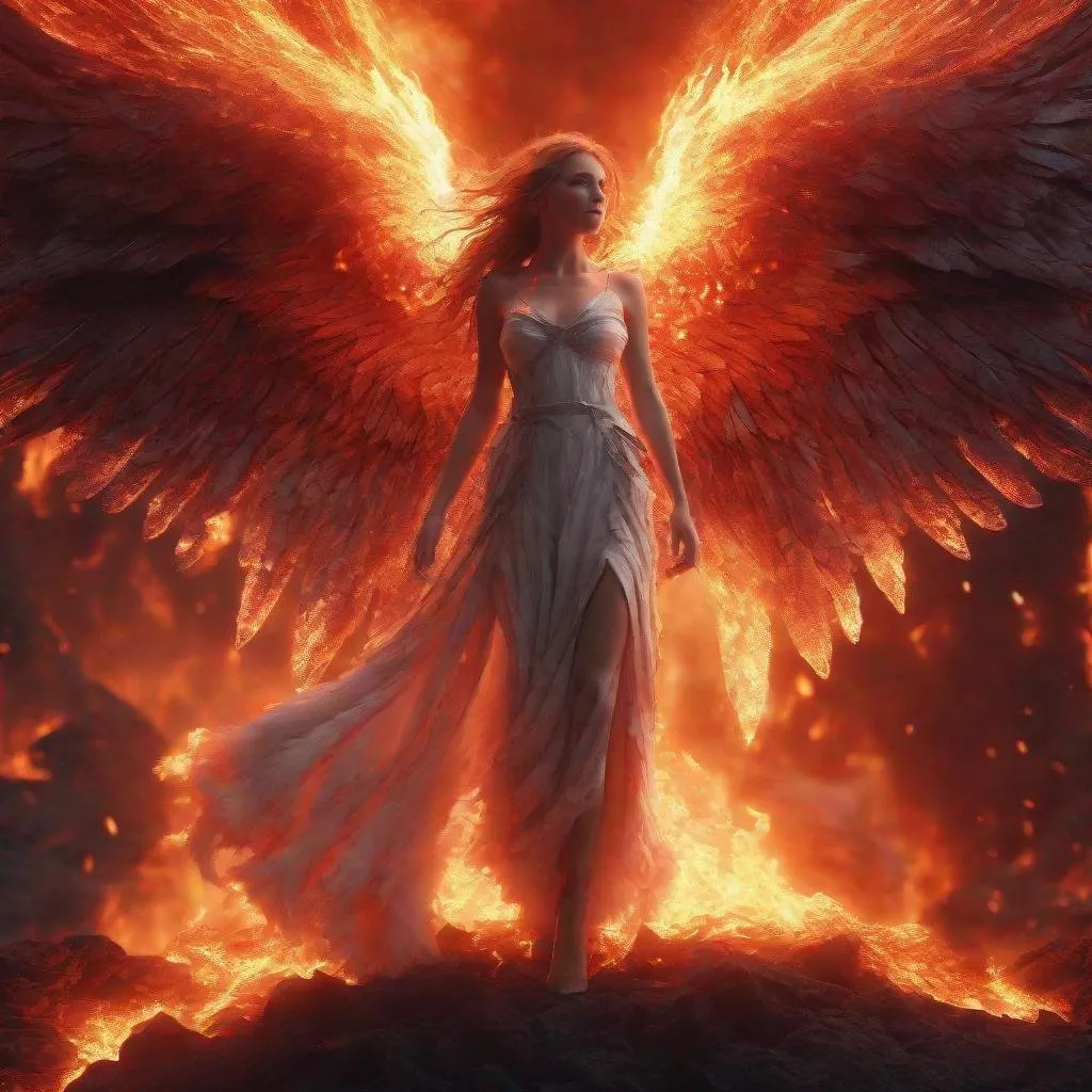 Prompt: beautiful girl with infinite power, large angel wings of red fire, burning halo, sparks, walking through lava, full body shot, 4k ultra-detailed, fantasy, fiery tones, dynamic lighting, powerful aura, ethereal beauty, intense gaze, fiery feathers, highres, fantasy art, epic, lava, hell