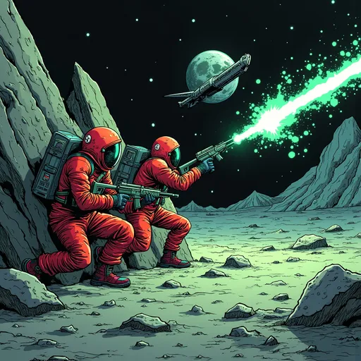 Prompt: A dark, gritty comic-style illustration, rich with hand-drawn textures, heavy inking, and a worn, weathered aesthetic. The three astronauts in scuffed, Soviet-inspired red spacesuits crouch behind jagged lunar rocks, their postures tense as they take cover from incoming fire. Bright neon-green plasma bolts streak through the darkness, slamming into the rocks, sending shards of debris and clouds of lunar dust into the air. The lead astronaut leans out slightly, aiming their makeshift weapon at the alien ship hovering ominously in the background.

The alien spacecraft looms closer, its angular, insectoid design casting long, fractured shadows across the desolate lunar terrain. The moon’s surface is jagged and uneven, with deep craters and faint traces of glowing alien glyphs scattered across the rocks. The Earth glows faintly in the dark sky above, partially obscured by swirling dust and debris kicked up by the relentless assault. The lighting is dramatic and chaotic, with flashes of plasma bolts illuminating the astronauts’ scratched visors and the grim, rugged environment. The atmosphere is tense, gritty, and foreboding, dominated by muted greys, dusty reds, and vibrant green highlights from the alien weaponry