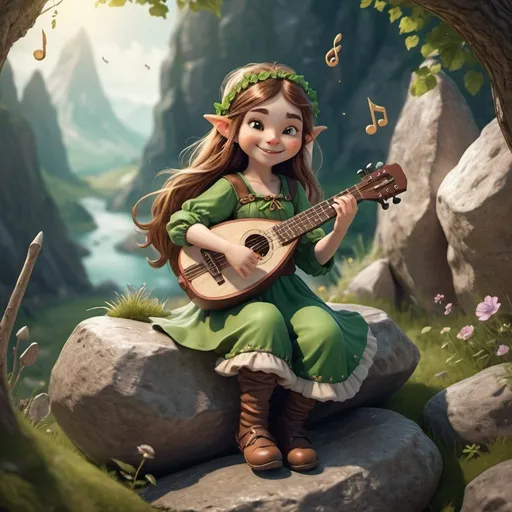 Prompt: Half-gnome girl bard sits on a rock and plays on the lute. She wears a green outfit, long brown hair, smiles at the camera, musical notes. fantasy style, wide view