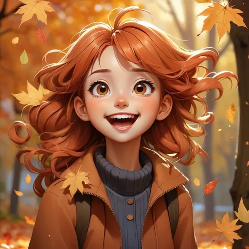 Prompt: Anime illustration, Young girl ,autumn leaves, autumn colors, detailed hair, joyful, happy, atmospheric lighting