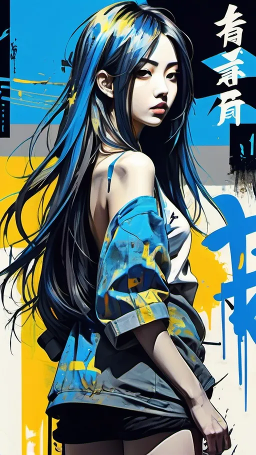 Prompt: Anime poster art. stunning beauty japanese young woman with long hairs. posing looking back. Ink, abstract, punk collage, modern outfit, (random textures, random graffiti, kanji characters, glitch effect:1.2). Surrealism, expressionism. Imperishability. (intricate details, masterpiece, best quality:1.1). Full body, blue and yellow color palette. soft lighting. by Franz Marc and Max Ernst.