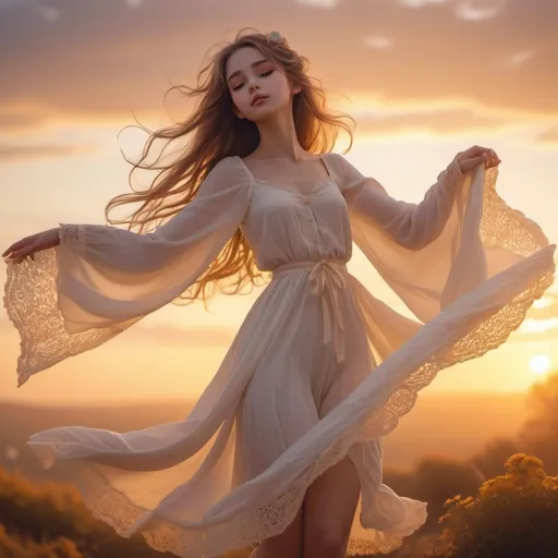 Prompt: (anime cgi masterpiece), skinny lolita girl, white silk blanket, dancing in sunset, vibrant colors, warm golden hues, dramatic lighting, serene and delicate atmosphere, soft glowing background, detailed flowing hair and fabric, intricate facial expressions, beautiful composition, ultra-detailed, high quality, 4K