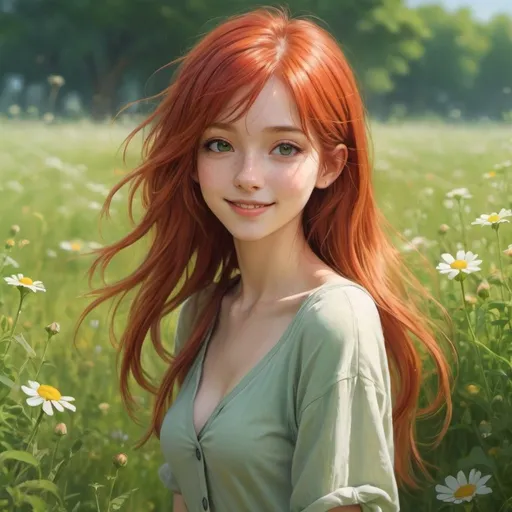 Prompt: ((best quality)), ((masterpiece)), ((realistic)), 2D-Anime artwork, long red hair, many frackles, very skinny girl, Walks in a green flower meadow, the hot summer sun shines in her face, short summer outfit, deep cleavage, belly-free, ethereal lighting, professional, high resolution, detailed eyes, flowing hair, calm atmosphere, professional, ethereal lighting, detailed character design, shy smile, pastel tones, full body shot, wide view.