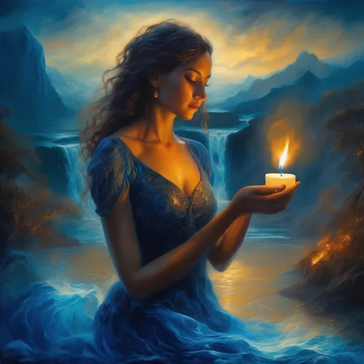 Prompt: (surrealism style), a woman holding a lit candle, ethereal smoke swirling around her, flowing water in the background, immersed in a dreamlike landscape, (intricate oil painting), richly detailed textures, vibrant color palette with deep blues and flickering warm candlelight, (fantasy art), captivating atmosphere that evokes wonder and mystery, ultra-detailed, 4K quality.