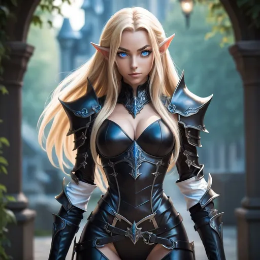Prompt: anime illustration of alpha from The Eminence In Shadow, revealing big cleavage, blonde hair, blue eyes, long pointy ears, very long hair, wearing black skin-tight leather latex armor, standing outdoors, looking at viewer,  cool tones, detailed eyes, intricate leather armor design, fantasy, detailed lighting, elf, professional, highres, ultra-detailed, anime, solo, full body shot