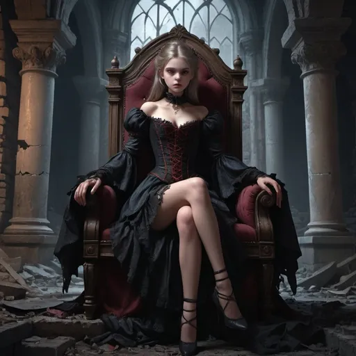 Prompt: ((best quality)), ((masterpiece)), ((realistic)), young vampire princess girl in a deep cut Intricately embroidered victorian outfit,  sitting on a throne in a ruined castle, long legs, digital art, character design, detailed rendering, rugged, atmospheric lighting, ominous atmosphere