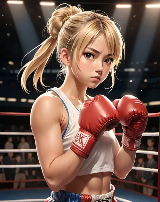 Prompt: Japanese anime illustration of a young girl in a boxing ring, fists up, detailed masterpiece, perfect athletic physique, Blonde long hair tied in a messy bun, intense gaze, professional, ultra-detailed, detailed eyes, standing pose, highres, atmospheric lighting, full body shot.