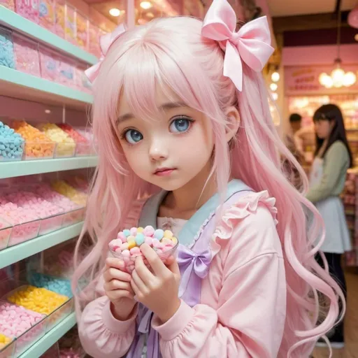 Prompt: Cute young Japanese girl with long hair in a candy shop, shy, pastel color palette, anime style, detailed eyes, sweet and innocent expression, colorful array of candies, detailed clothing with ribbons and frills, high-quality, anime, pastel colors, sweet and innocent, detailed eyes, candy shop setting, monry in hand, shy demeanor, adorable, atmospheric lighting, wide view, full body shot