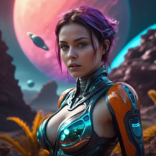 Prompt: CGI, masterpiece, girl on a dangerous alien planet,  cleavage, sci-fi, vivid and otherworldly environment, glowing flora and fauna, intense and dramatic lighting, ultra-detailed, sci-fi, futuristic, dangerous planet, intense gaze, vivid colors, otherworldly,  atmospheric lighting.