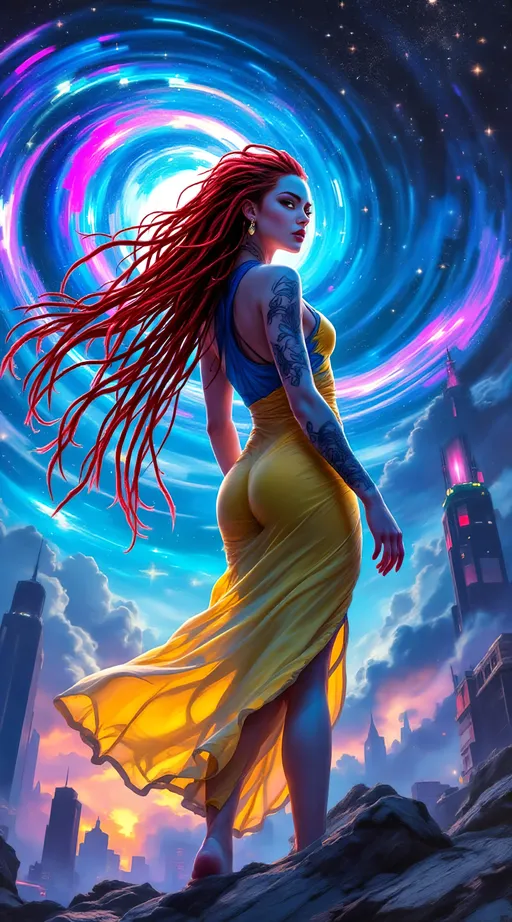 Prompt: A full-figure, anatomically perfect Caucasian cyberpunk goddess with white skin, flowing red dreads like a tapestry, and a sculpted, athletic physique, dances in a dramatic hip-hop diva pose beneath a swirling, starlit psychedelic nightsky. Her yellow and blue sport dress, accented by new school tattoos, clings sensually to her body as she twirls away from the camera, her expression a mixture of defiance and allure, emphasized by a subtle (blush:1.1) and (frown:1.1). Her (brown eyes:1.4) glisten with (strong highlights:1.3), reflecting an intense infrared color spectrum that silhouettes her against a backdrop of neon-lit cyberpunk city spires and surreal dreamworld galaxies.

Drawn in a (color sketchnote:1.2) technique inspired by Takehisa Yumeji’s hand-drawn linework, but lit with Artgerm’s dramatic high-contrast polish, and fused with Masamune Shirow’s sensual cyborg flair, the image blends soft vintage paper textures with modern glitch-core elements. The lighting is intensely cinematic, with high contrast illuminating her curves, expressive (fingers:1.4), and subtle perspiration along her skin.

The background swirls with (galaxy:1.3), (futuristic elements:1.2), and infrared overlays, pulling the eye through a deep-focus composition. She stands atop a layered digital floor, mid-twirl, mid-emotion, mid-lust, her soul vibrating in the heat of a future-shocked dreamworld. Her aura radiates FluxBoost.