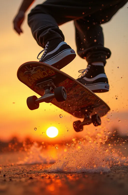 Prompt: dynamic, high-speed action, encapsulated in a warm, vibrant sunset backdrop, a tight crop focusing on the airborne skateboard and the soles of shoes, amidst a dance of water droplets, high-resolution photography that captures the brisk movement and subtle details, like water splashing and texture contrasts, Nikon D850 for its fast shutter speeds and high dynamic range, which preserves the rich sunset hues and details in both highlights and shadows, Nikon AF-S NIKKOR 70-200mm f/2.8E FL ED VR, chosen for its sharpness and ability to freeze fast action with a creamy bokeh that isolates the subject, high-speed burst mode, a fast shutter of 1/4000 sec to freeze the droplets, and a low ISO to minimize noise, dynamic underbelly of a skateboard, adorned with gritty street art stickers, and the skater's shoes, mid-flip, black Vans Old school high-top sneakers, laces tied tightly for secure footwork, grip the board's edge, while the grip tape on the board's surface shows wear from many rides. an urban playground, likely a skate park or a rain-slicked street, where reflective puddles mirror the fiery sky, ground glistens with recent rain, and in the background, the silhouettes of city structures stand against the gradient of the sunset, sun's dying light casts everything in a rich amber, with silhouettes sharply defined and water droplets glittering like jewels in the air, every splash and ripple, the texture of the skateboard's underside, the treads of the sneakers, and the distant clouds all sing with clarity, scene is a high-contrast, vibrant end-of-day street scene where nature's beauty meets the raw energy of street sports, all heightened by the dramatic lighting of dusk, UHD, many details --ar 9:16 --style raw --stylize 700