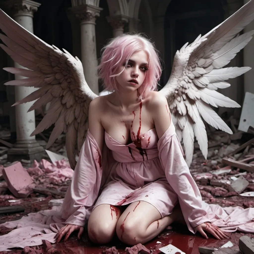 Prompt: Beautiful young angel, platinum-pink hair, detailed lips, crazy eyes, dirty, blood-stained robes, broken bloody wings, on knees amidst debris, fallen angel, highres, detailed, ethereal, gothic, pink tones, dramatic lighting