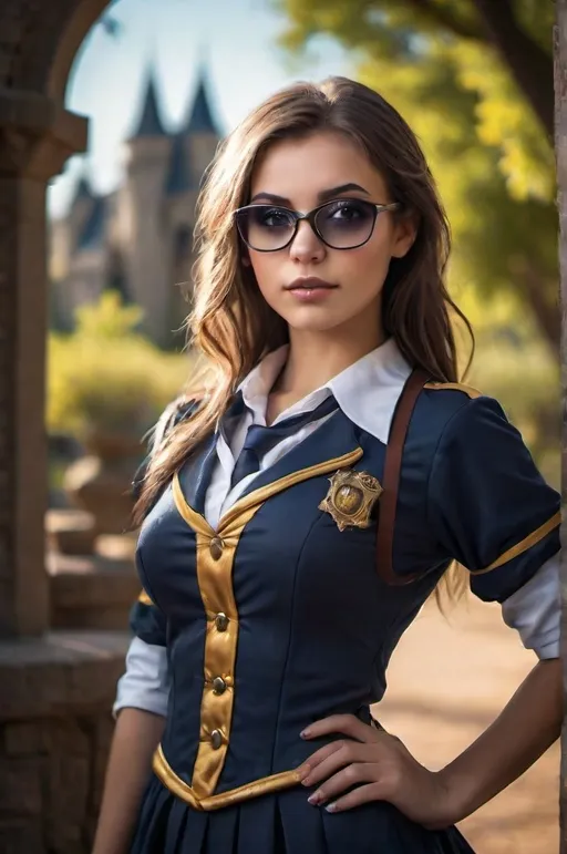 Prompt: Create a highly detailed AI defined image of a highly desirable "girl next door look" young adult college student in a fantasy uniform, ample cleavage, wearing sunglasses, inspiring lustful uniform, classic makeup, at a unique fantasy school, 

wide landscape lense, ISO 500, Aperture f/22, APS-C, Splash art, dark fantasy art, stunning bokeh, cinematic lighting and scale, super detailed, 64k, high quality perfect lighting, perfect shadows.