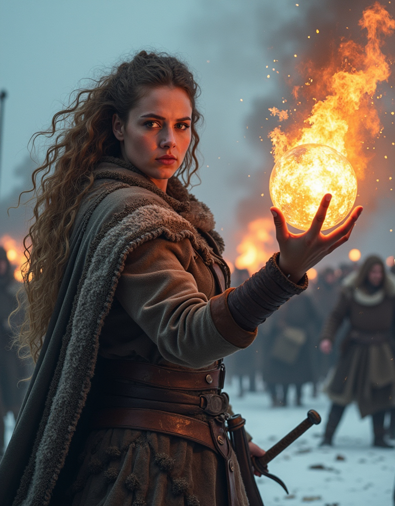 Prompt: intensely focused Viking woman warrior with curly hair hurling a burning meteorite from her hand towards the viewer, the glowing sphere leaves the woman's body getting closer to the viewer leaving a trail of smoke and sparks, intense battlegrounds in snowy conditions, army banners, swords and shields on the ground