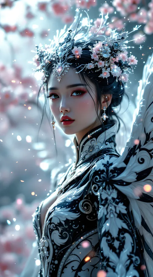 Prompt:  futuristic archangel character with a beautiful, delicate Japanese face, geisha-inspired features, and intricate, hyper-realistic, perfectly symmetrical wings, crowned with an aura of shimmering lights that radiate from their heads, dematerialize in a flash of intense, cinematic, 4K UHD light, surrounded by a whirlwind of detailed, shimmering, iridescent particles, set against a serene, dreamy, natural Japanese landscape with cherry blossoms in bloom. The character wears glossy black and white, intricate, ornate clothing with subtle, muted colors, featuring exceptionally high-fidelity, photorealistic textures and finest details, with multi-layered 3D textures that accentuate their stunning features. Captured from a series of dynamic, random photo angles, with dramatic, high-contrast lighting that highlights their ethereal beauty, including warm golden hour tones, cool blue moonlight, and soft, diffused daylight.
