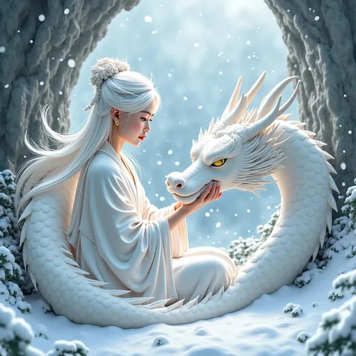 Prompt: a woman with white hair and a dragon headdress on her face, in the snow, with a white dragon, Bian Jingzhao, fantasy art, dragon art, a marble sculpture.
a Chinese girl with white hair living in a cave, a celestial being, wears white Daofu, has a headband, a Chinese dragon with him, in the style of Japanese Ukiyo-e, beautiful scenery of a Chinese fairy tale, misty with white snow covering the ground, graceful figures