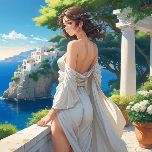 Prompt: anime illustration, full body shot, (beautiful greek muse), mediterranean background, mediterranean setting, living colors, masterpiece of art, ultra high quality, vibrant, (art by Yutaka Minowa and Yoshiaki Kawajiri), cinematic depth, 4K, rich in detail, bright sunlight, lush greenery, azure blue sea, island architecture in the distance, graceful pose, flowing robes, gentle breeze, hair blowing in the wind, white toga, serene expression, HD