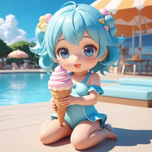 Prompt: masterpiece, ultra high detailes, anime-style, 3d rendering, adoreable kawaii, swimsuite, sit, light blue wavey hair, ice blue eyes, one ice cream cone in hands, full body shot, sun, full body shot, max zoomed out.