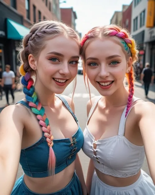 Prompt: Best Quality, Masterpiece, Extremely Detailed, High Resolution, 4K, Ultra High Resolution, Detailed Shadows,  (Two pale skin Girls in deep cut-out Costumes Taking Selfies on the Street), Colorful Braids, Mixed Fujifilm, voluminous body, Cute, Laugh