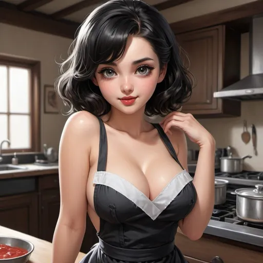 Prompt: high detail, masterpiece, perfect sensual eyes, young girl, deailed hands, looking at viewer, from behind,  anime style ,  pinup, voluminous body, deep cleavage, grey eyes, black hair，sensual smile, painted lips, perfect teeth , perfect body, wears only a black apron