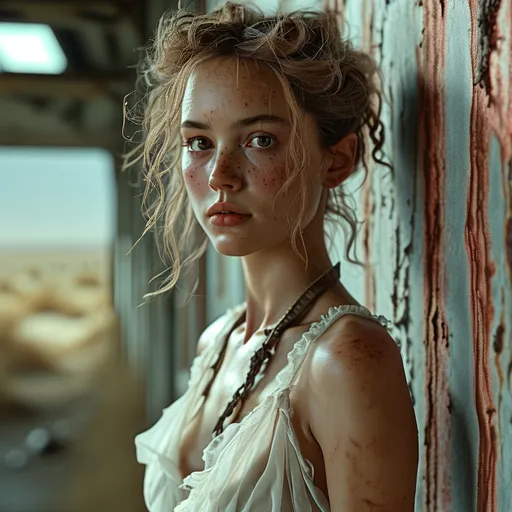 Prompt: Wasteland scenario similar to Fury Road.
A (beautiful, perfectly slim youthful and cute woman) with a slender soft physique and fair skin with freckles (highly detailed face, soft features, large expressive eyes)
Her dirty auburn hair (curls, unkempt)
Simple, flowing white robe (thin, slightly transparent fabric, minimalist and functional)
Innocent, lost expression, her clean, almost ethereal appearance contrasts with the harsh, apocalyptic landscape.
Gloomy and industrial-looking surroundings, her decision is in visual contrast to the dark, muted tones of the world.