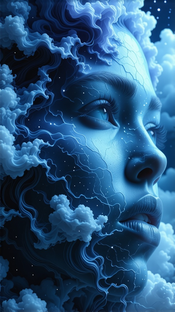 Prompt: photo illustration from a world in the clouds, in the style of tanya shatseva, the stars art group (xing xing), meghan howland, dark indigo and light cyan, mind-bending sculptures, realistic hyper-detail, fluid simplicity --ar 63:128 --stylize 750 --v 6