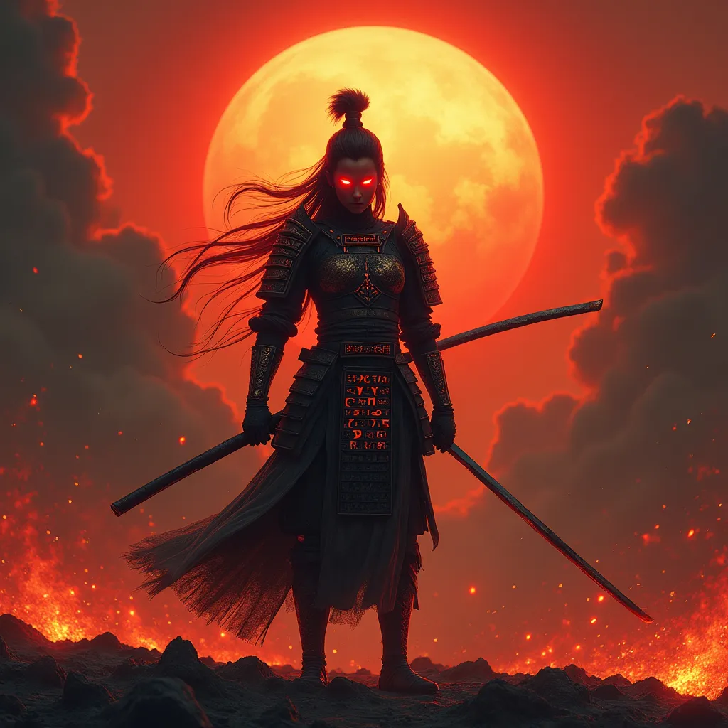 Prompt: bv-betdigpor, bv-smowormor. A mid-range shot of a female samurai warrior standing tall amidst rising ash clouds, their silhouette starkly visible against the crimson sun in the sky. The armor is ancient and inscribed with glowing runes, while glowing red eyes reflect fiery rage. Embers and sparks rise from the ground, swirling around the warrioras form, giving a sense of imminent battle. Brushstroke effects enhance the cinematic feel, adding a painterly quality to the background.