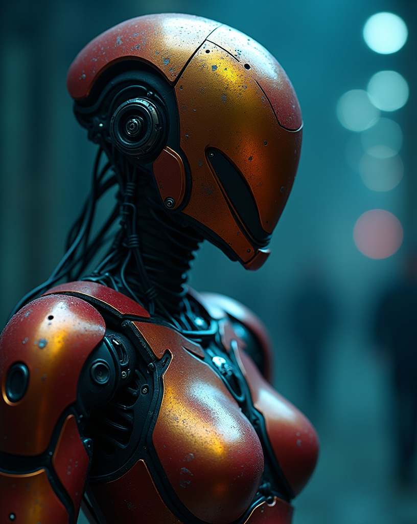 Prompt: Underworld robot with reflective helmet, in the style of a female Halo Master Chief armour, photorealistic, the body of the robot, in shades of bronze, red and black, against a soft focus background with bokeh effect in cool blue tones, dark environment, atmospheric and epic.