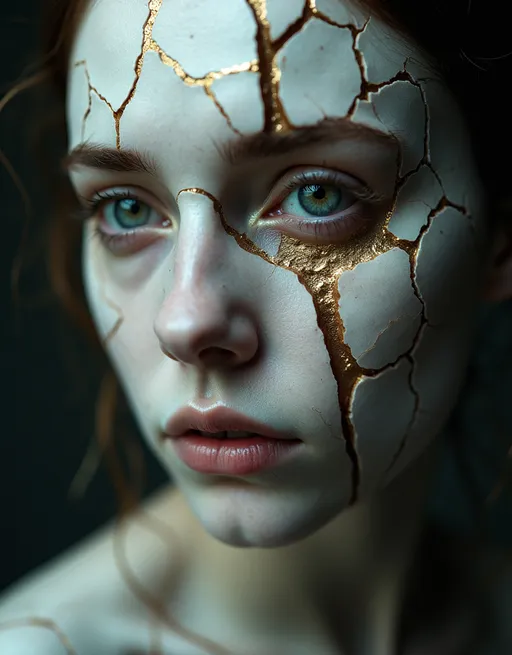 Prompt: Haunting hyperrealistic portrait of a young woman, her porcelain-like skin intricately shattered, golden kintsugi lines weaving through cracks. Intense gaze, one eye intact, the other fragmented. Soft side-lighting accentuates textures. Background fades into shadowy obscurity. Symbolizes resilience and beauty in imperfection.