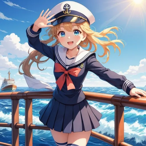 Prompt: Cute anime girl in sailor uniform waves from the railing of a ship, traditional anime art style, vibrant colors, detailed eyes and expression, flowing sailor uniform, ocean backdrop, bright and sunny atmosphere, anime, sailor uniform, detailed eyes, vibrant colors, ocean setting, sunny atmosphere, traditional art style, full body shot.