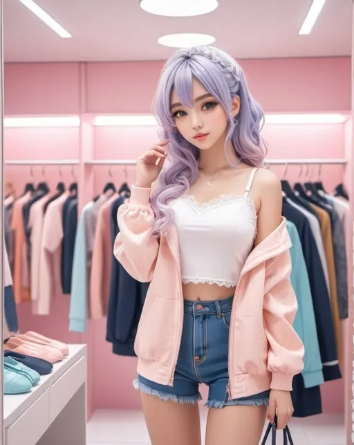 Prompt: Cute girl in a dressing room, anime-style, high quality, shopping, modern fashion, pastel tones, soft lighting, detailed eyes, intricate clothing design, reflective surfaces, professional, detailed hair, 4k, ultra-detailed, anime, modern fashion, pastel tones, soft lighting, shopping, dressing room, detailed clothing, detailed eyes, professional, full body shot.