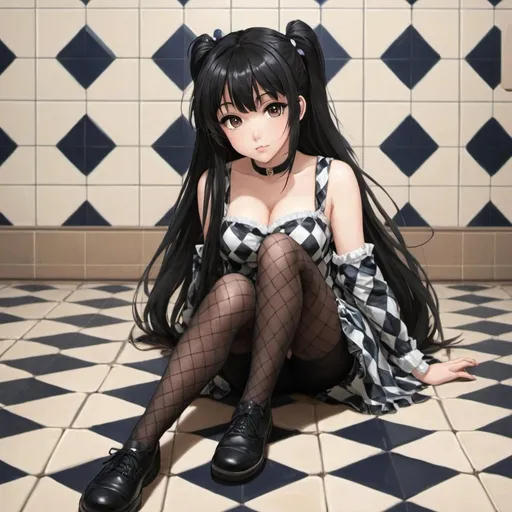 Prompt: masterpiece, anime, 1girl, argyle, argyle background, bangs, black hair, black legwear, blunt bangs, blush, voluminous body, checkered, checkered background, checkered floor, Low-cut bodice, long hair, looking at viewer, lying, on floor, shoes, solo, thighhighs, tile floor, tile wall, tiles, very long hair