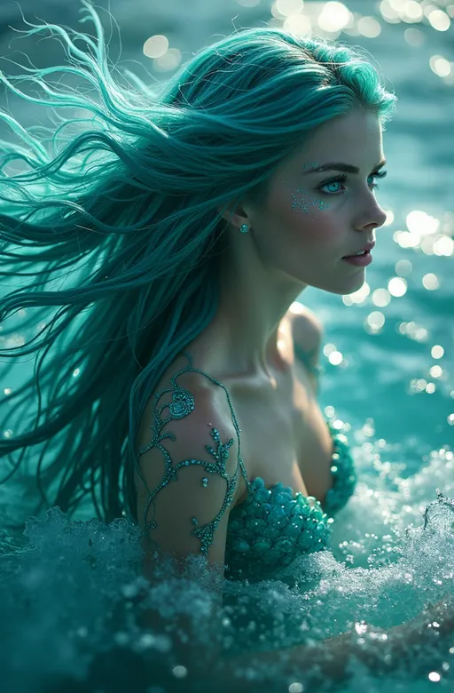 Prompt: A mesmerizing turquoise-haired siren emerges from the crystalline sea, her flowing long hair cascading like waves, hypnotic blue eyes enchanting all who gaze upon her. She is adorned in shimmering teal scales, glistening with iridescent ocean jewels embedded into her ethereal skin. The atmosphere is both enchanting and haunting, embodying a mood of wonder and despair, illuminated by a radiant moonlight backdrop, creating an ultra-detailed, cinematic masterpiece. The ocean around her swirls with an unnerving calm.
