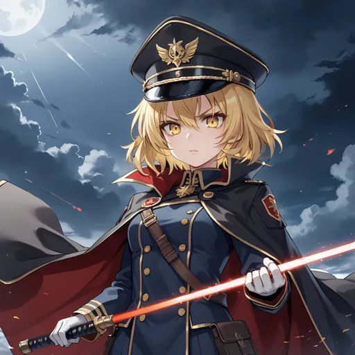 Prompt: 1girl, (Tanya Degurechaff) in a striking pose, wearing a (dramatic black cape), (vibrant multicolored cape), military uniform, (long sleeves), (military hat) adorned with peaked cap, (short blonde hair), holding a (sharp saber), (white gloves), (intense yellow eyes), standing solo against a backdrop of war, evoking a strong, fierce ambiance, (highly detailed), (4K quality).