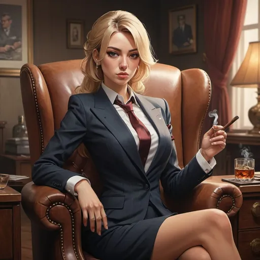 Prompt: Masterpiece,Anime, high detailed portrait of mafia girl, medium blonde hair, smoking a cigar, glas of whiskey on desk, wearing a Tailor-made suit, 50th years italien-style living room, sit on a armchair, professional, mafia atmosphere, wide view
